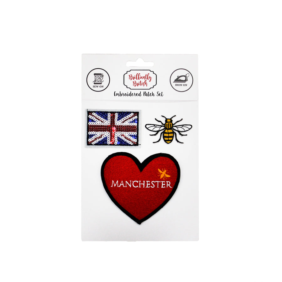 Manchester Bee 3 Pack Badge Set | Union Jack, Bee, and Heart Patches
