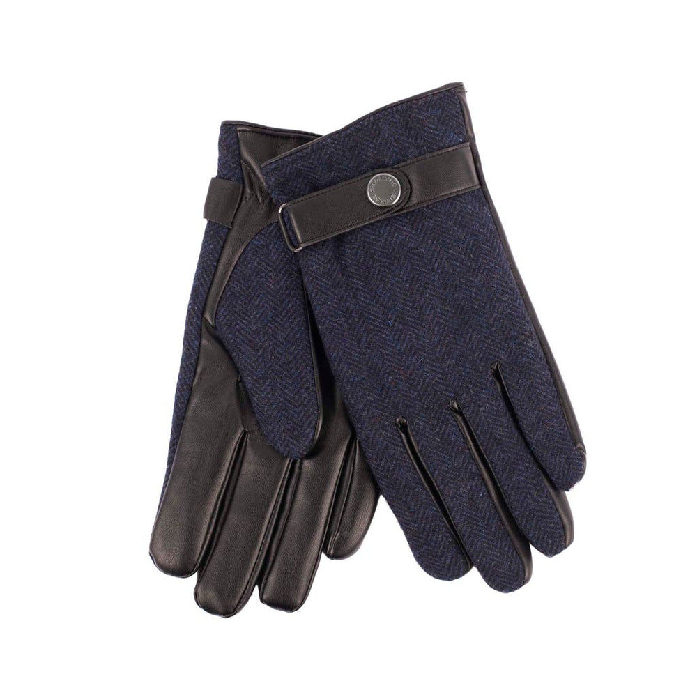 Mens Tweed Stud Gloves - Navy Herringbone