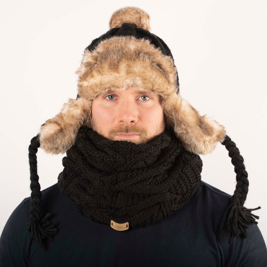 Aran Cable Trapper Hat | Chunky Knit Design | Faux Fur Lined