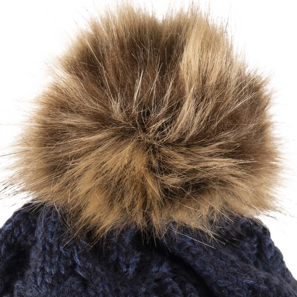 Fisherman Stitch Pom Pom Hat | Chunky Rib Knit with Faux Fur Pom Pom