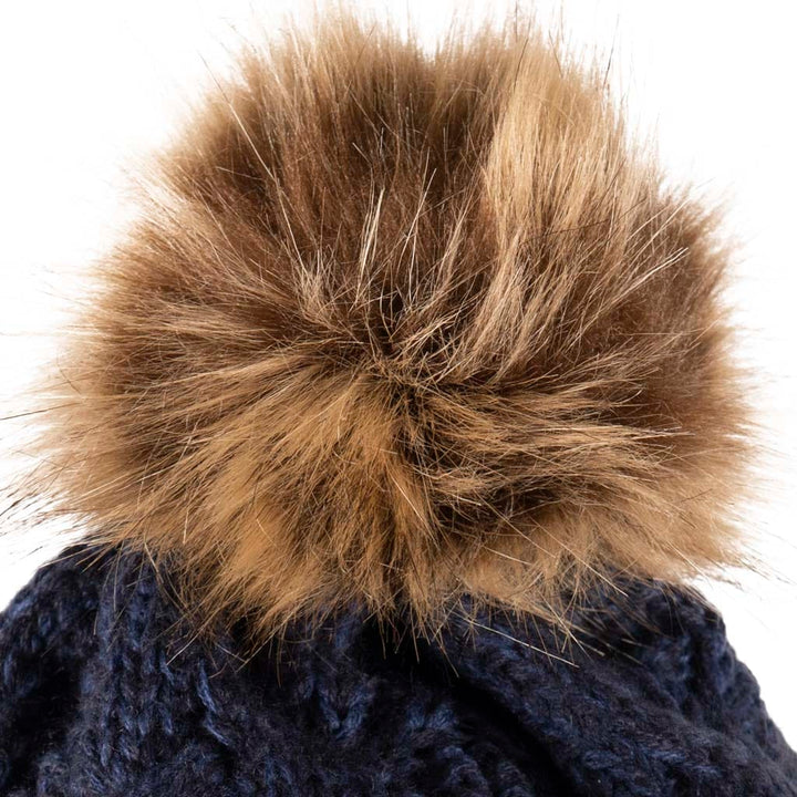 Fisherman Stitch Pom Pom Hat | Chunky Rib Knit with Faux Fur Pom Pom