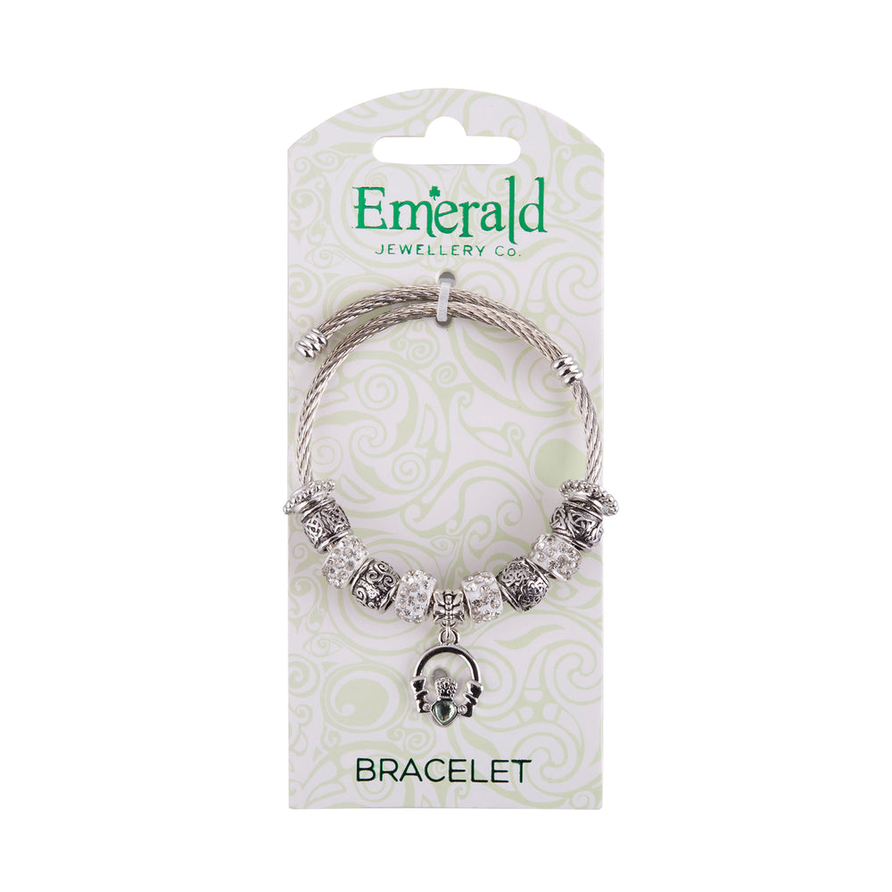 Irish Charm Bracelet - White Stone Charm/ Green Claddagh on backing card