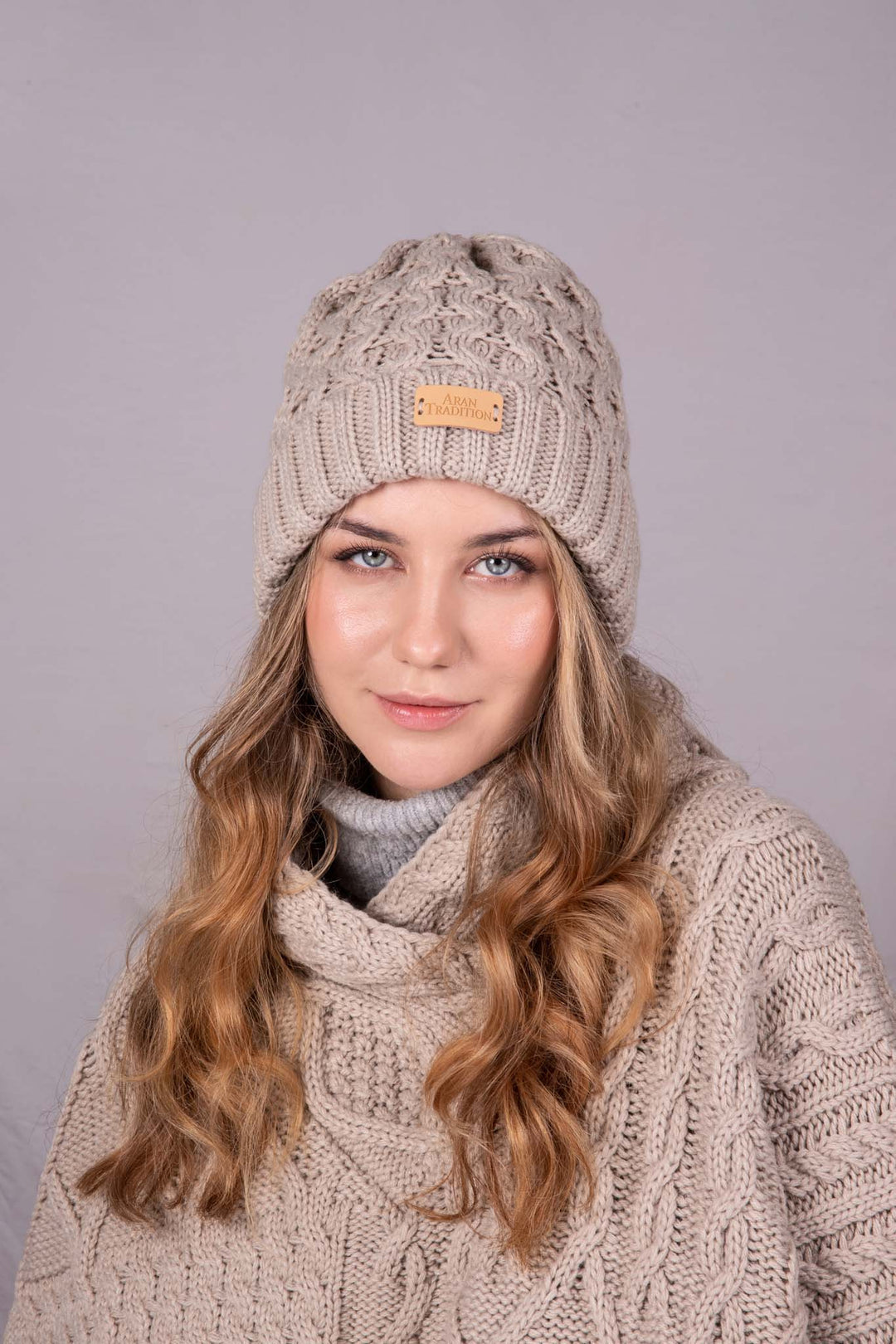 Aran Cable Knit Beanie Hat | Traditional Honeycomb Design