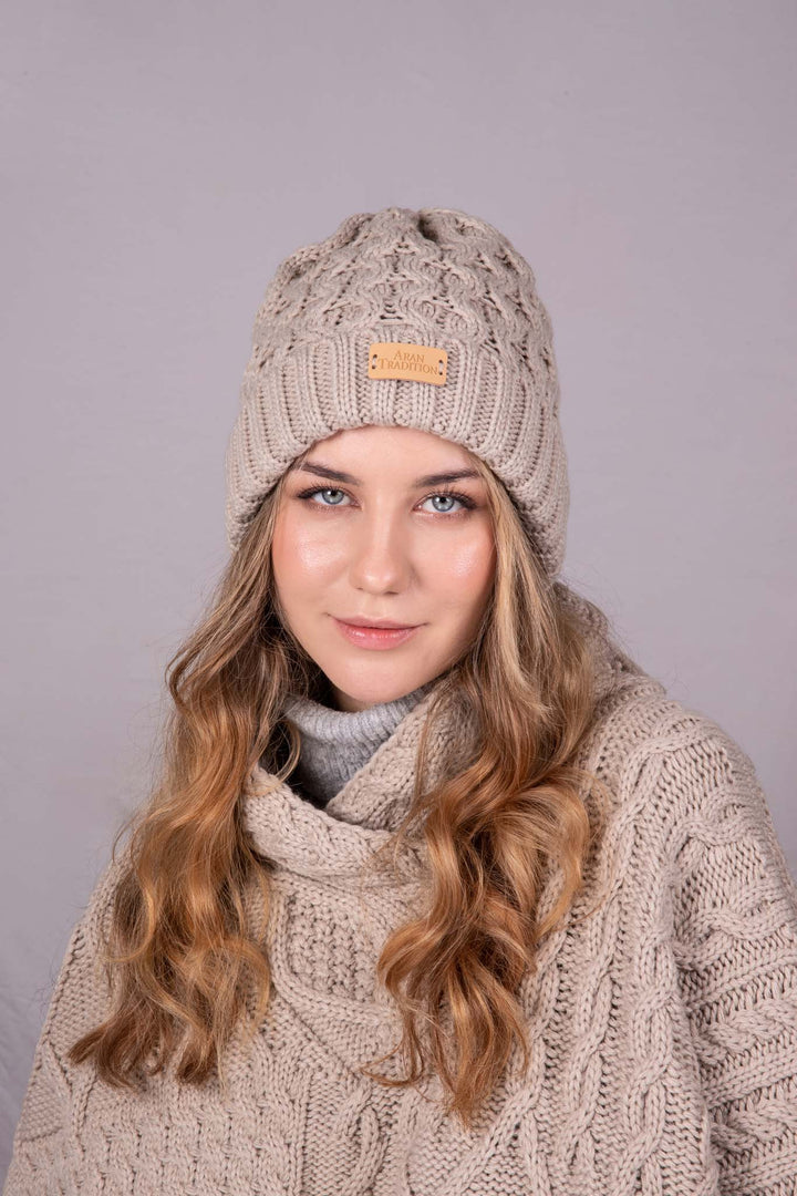 Aran Cable Knit Beanie Hat | Traditional Honeycomb Design
