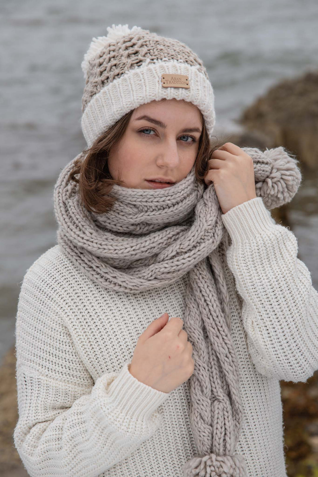 Aran Cable Knit Pom Scarf