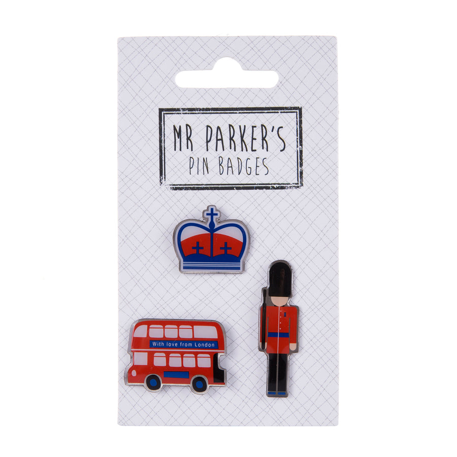 London Pin Badges 3 Pack - Red Bus, King's Guard & Crown
