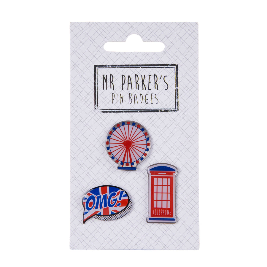 3 Pack London Pin Badges - London Eye, Post Box, OMG Bubble