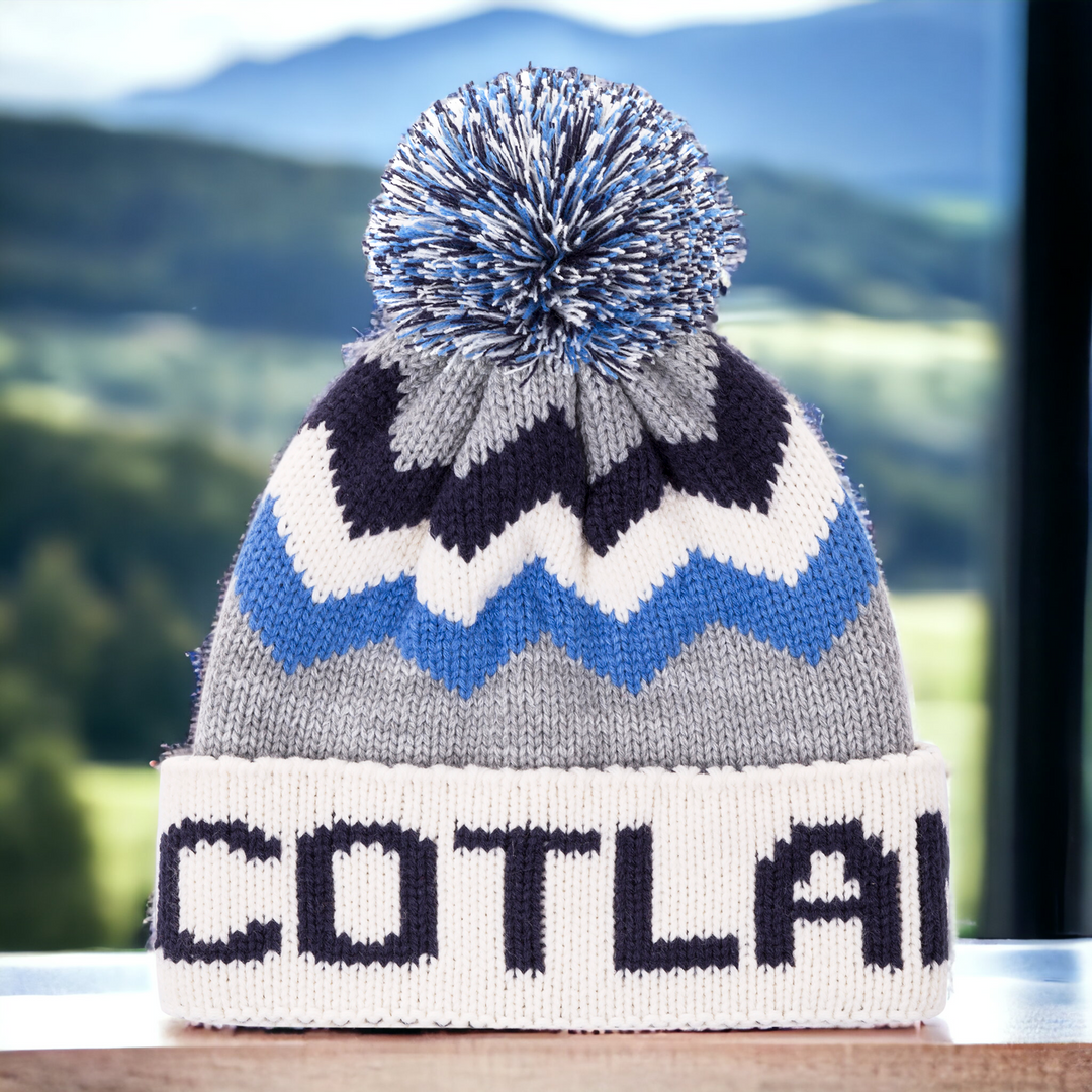 Big City Scotland Pom Pom Hat Navy Blue Pale Blue and White
