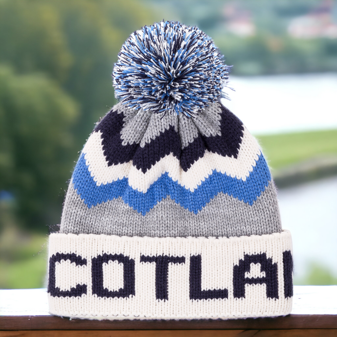 Big City Scotland Pom Pom Hat Navy Blue, Pale Blue, and White