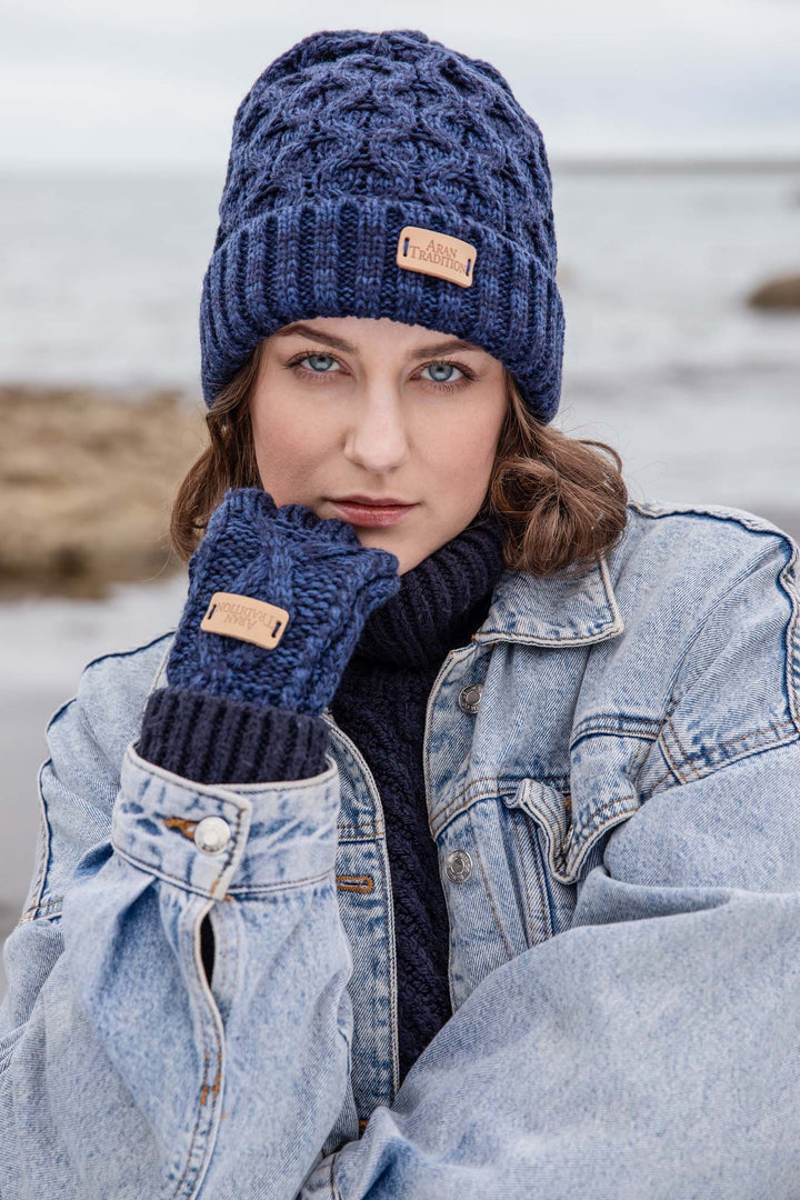Aran Cable Knit Beanie Hat | Traditional Honeycomb Design